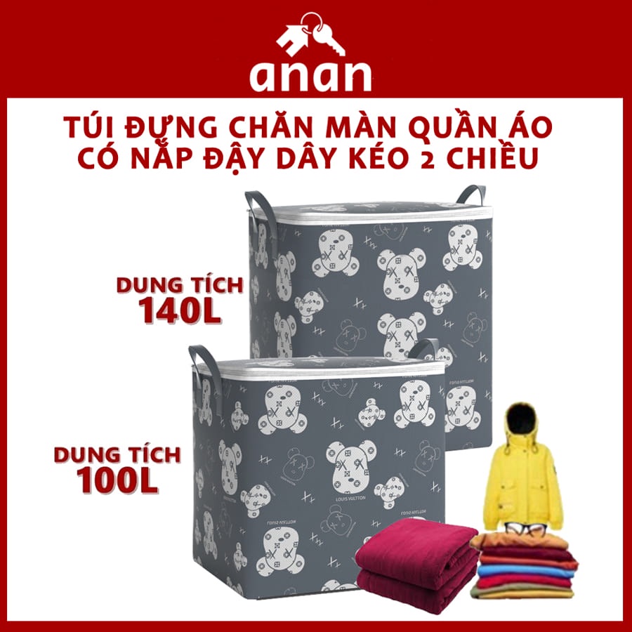 Túi Đựng Quần Áo Chăn Màn Cỡ Lớn, Túi Vải Đựng Đồ Hình Gấu Đa Năng, Có Nắp Đậy, Dây Khóa Kéo 2 Chiều, Không Thấm Nước