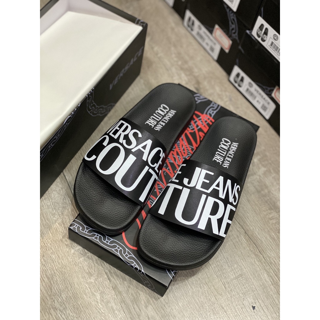 Dép Nam Versace Jeans Couture Logo Slippers In Black Màu Đen