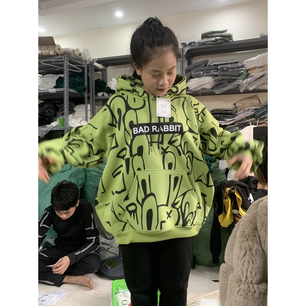 Áo Hoodie xanh lá BAD RABBIT chất liệu nỉ bông dày dặn có bo chun mũ 2 lớp