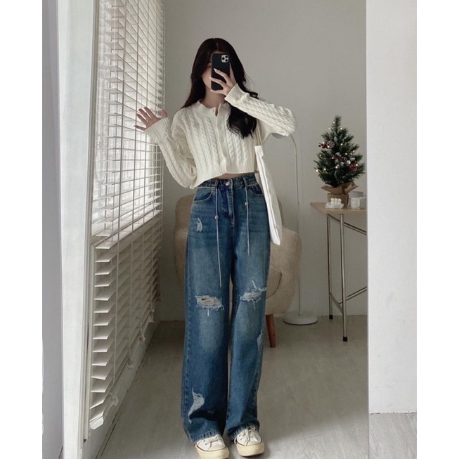 [Ảnh thật/Video] Quần jean rách kèm đai xích ống rộng Hàn Quốc