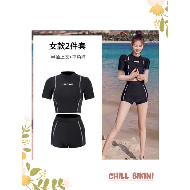 Set đồ bơi kín đáo cho ngày hè gồm áo tay ngắn và quần váy