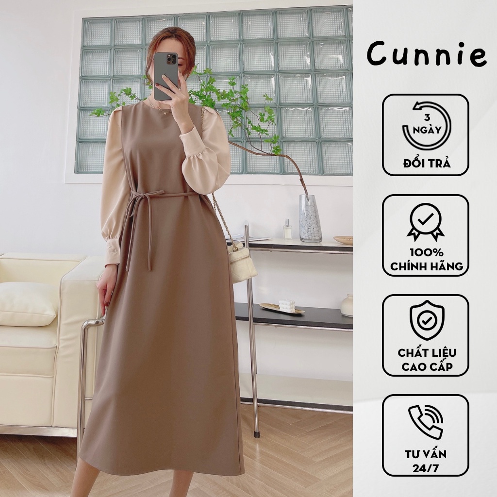 Váy hai biên phối tay lụa CUNNIE V343 dáng dài buộc dây eo basic nhẹ nhàng hai màu nâu đen, đầm công sở cho nữ
