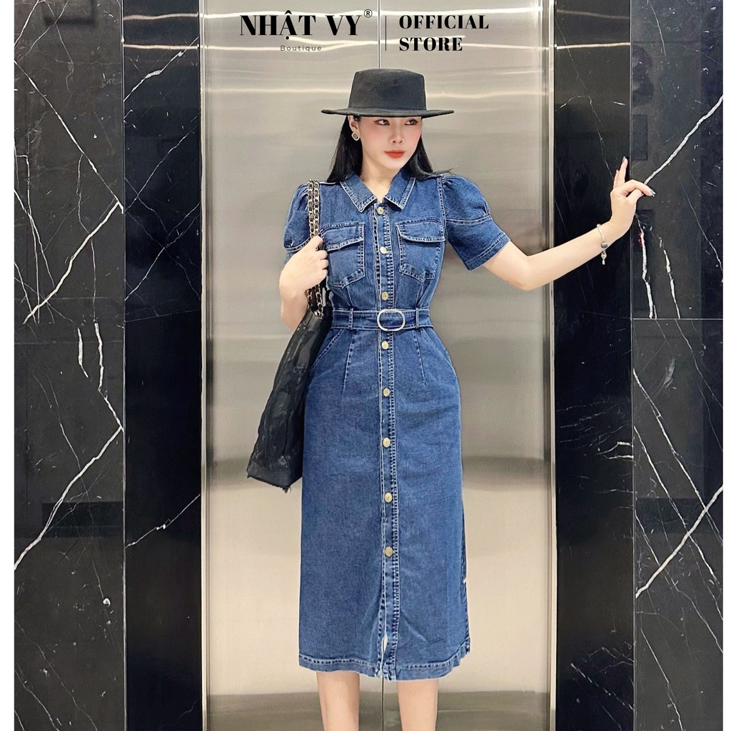 Đầm sơ mi Nhật Vy tay ngắn kèm dây thắt eo chất jean dáng dài phù hợp dự tiệc đi chơi cafe sang chảnh - D2636