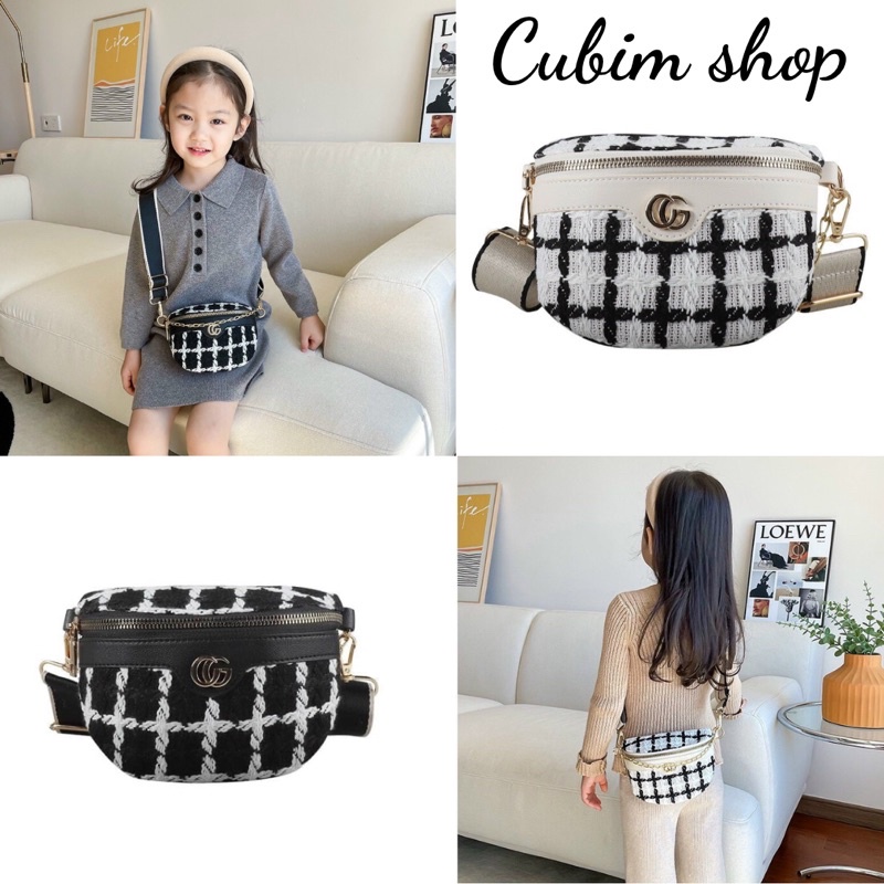 Túi xách nữ túi đeo bụng mini chất liệu vải dạ họa tiết kẻ sọc kèm dây xích thời trang năng động