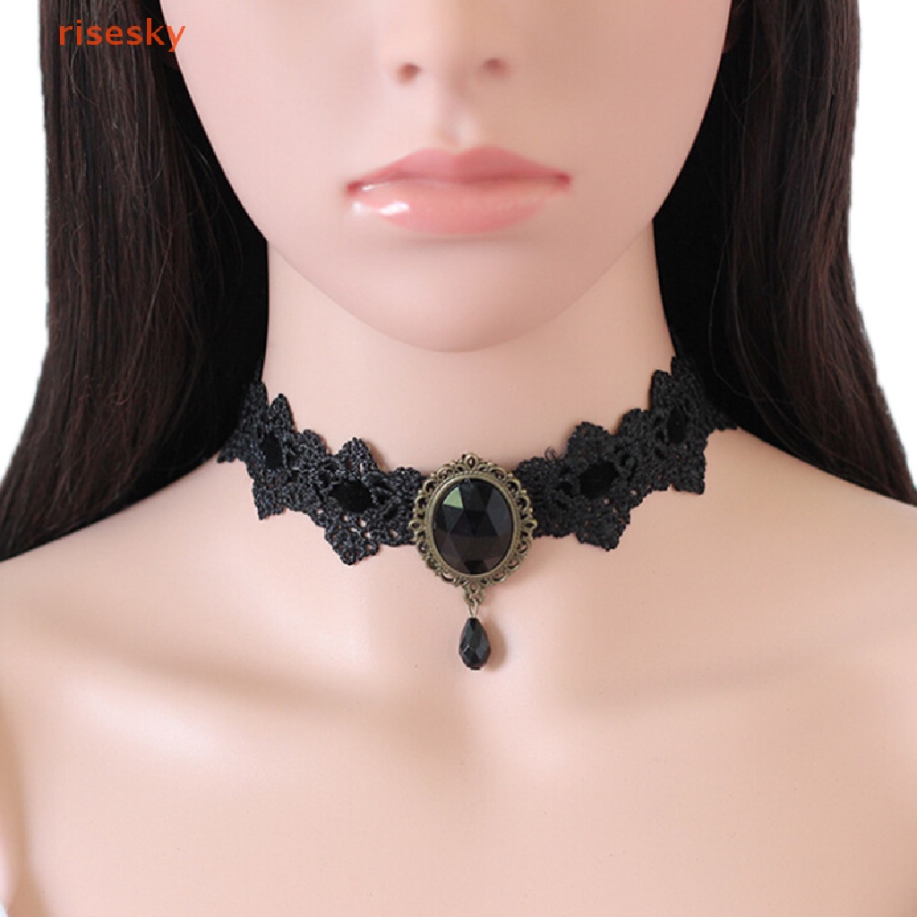Vòng Cổ Choker Dây Nhung Đen Đính Đá Pha Lê Phong Cách Gothic Cổ Điển