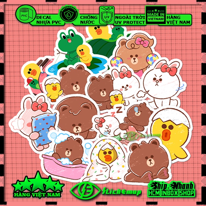 Sticker Hình dán chủ đề LINE cute - Hàng VN, chất liệu decal nhựa pvc, không thấm nước, dán xe, nón bh, vali