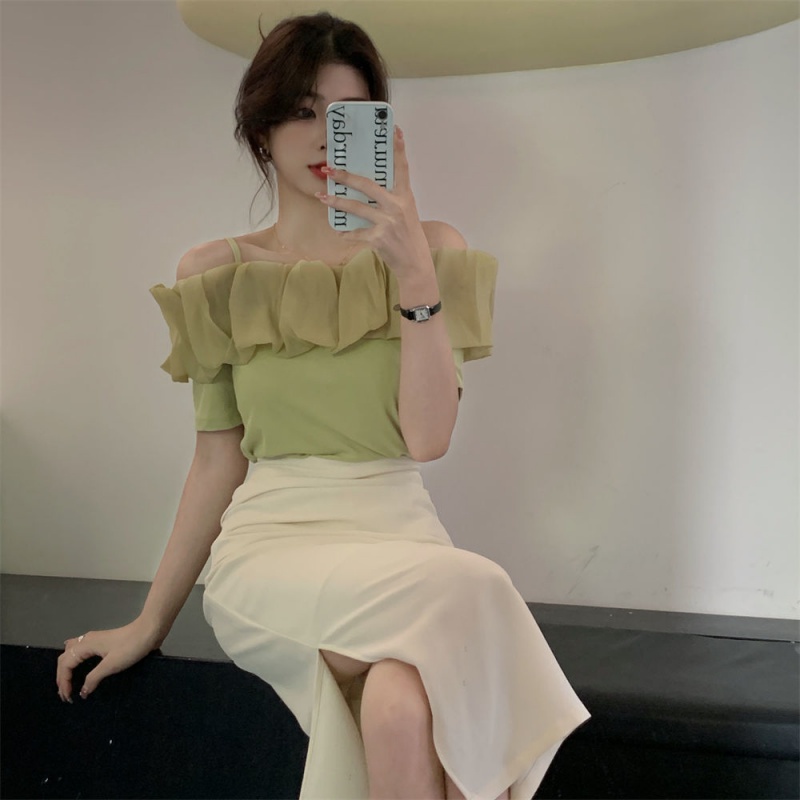 Áo dây áo bẹt vai áo trễ vai Áo Chiffon Trễ Vai Nhún Bèo Dáng Ngắn Thời Trang Cho Nữ