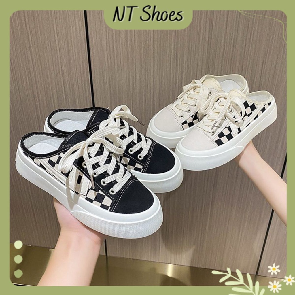 Giày sục thể thao nữ đạp gót vải canvas kẻ sọc caro đế cao S05_NT Shoes