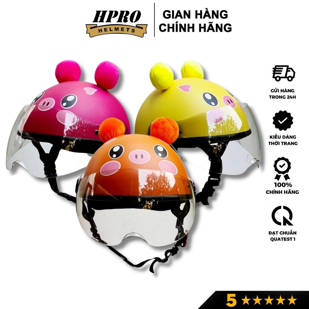 Mũ bảo hiểm cho bé Hpro helmet, an toàn cho trẻ em từ 3-8 tuổi, có kính chắn gió, họa tiết heo xinh đáng yêu