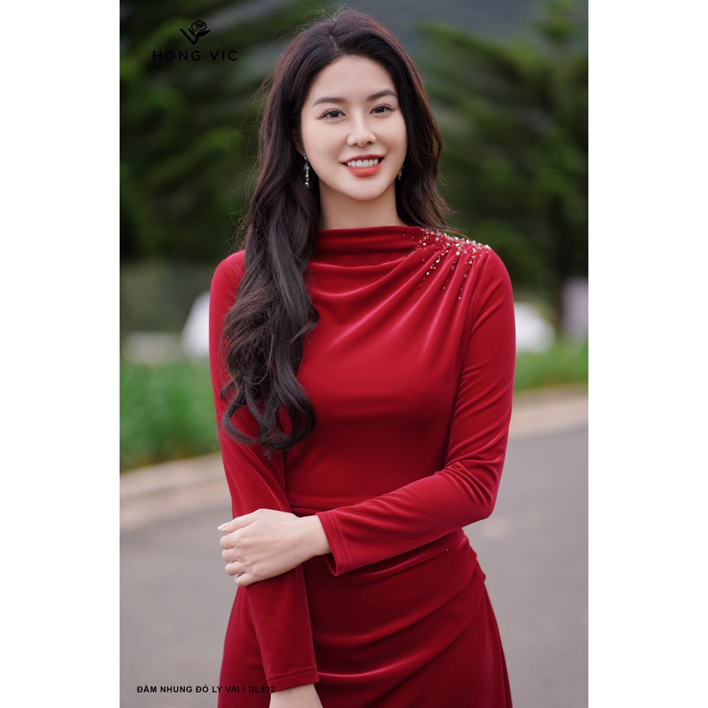 Đầm nữ thiết kế Hong Vic nhung đỏ ly vai DL532