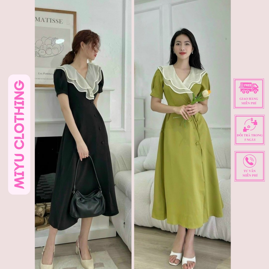 Đầm suông dự tiệc sang trọng váy công sở cổ V kín đáo phối bèo dáng dài xẻ tà siêu xinh Miyuclothing