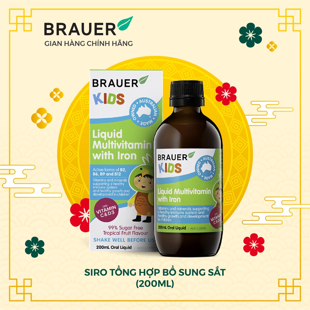 Siro BRAUER Kids Liquid Multivitamin With Iron - Vitamin bổ sung Sắt & Phát triển Toàn diện cho trẻ từ 3 tuổi (200ml)