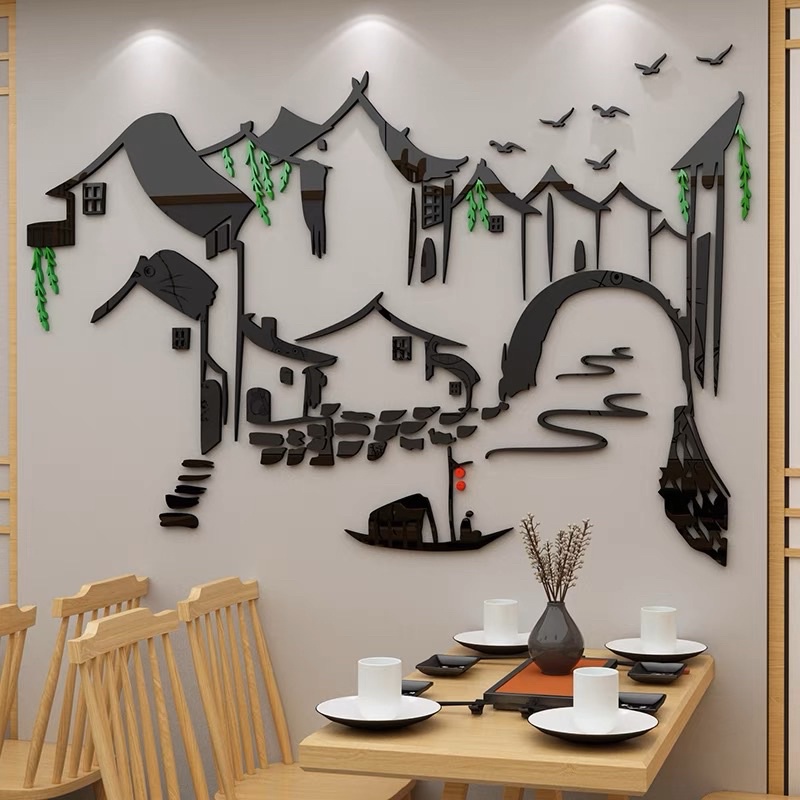 Tranh dán tường mica dán nổi làng cổ, đồng quê trang trí phòng trà, khách, nhà hàng, quán ăn, cafe, trà sữa