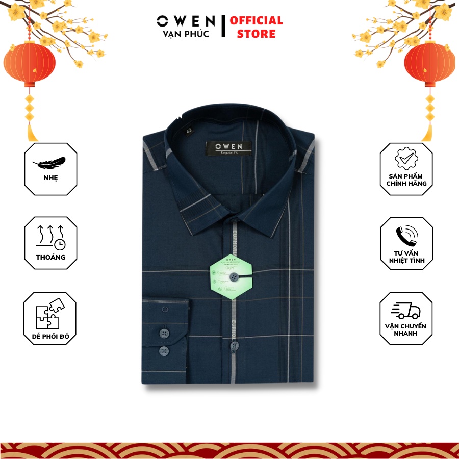 Áo Sơ Mi Nam Dài Tay OWEN AR221055DT Kẻ Caro Lớn Xanh Trắng Kiểu Dáng Regular Fit Chất Liệu Mint Mịn Mát Dễ Phối Đồ