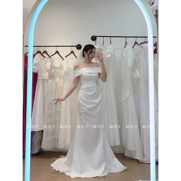 Váy bệt vai body cá xếp ly xẻ nơ đan lưng- Váy cưới, Đầm cưới thiết kế đi bàn, chụp ảnh đơn giản, sang trọng- X400