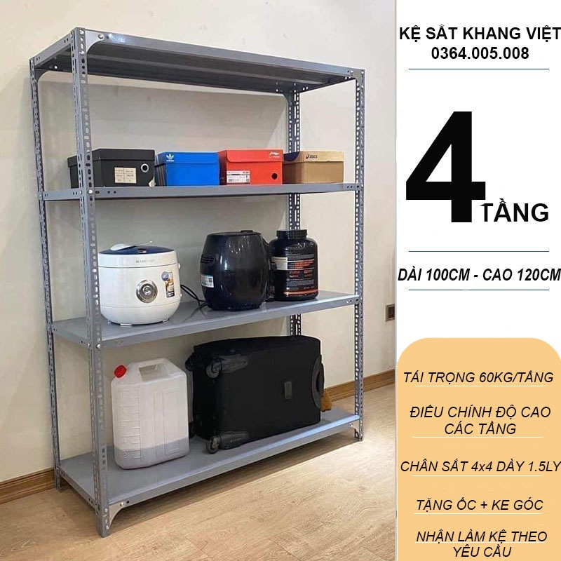 Kệ Lò Vi Sóng Nhà Bếp Đa Năng 4 Tầng Chịu Lực 300kg Kệ Sắt V Lỗ Dài 100cm Cao 120cm Màu Xám