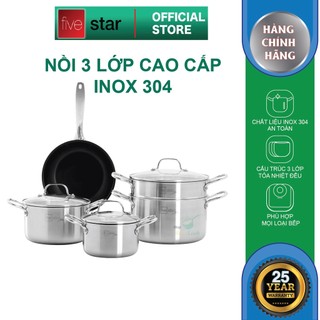  Bộ nồi chảo 3 lớp đáy liền inox 304 cao cấp Fivestar Plus dùng được mọi bếp , bảo hành 25 năm