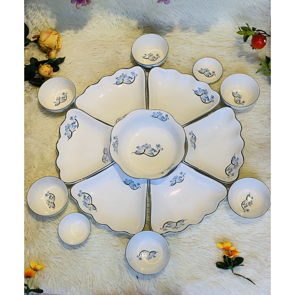 Bộ bát đĩa mâm cơm  hoa mặt trời  7 món họa tiết hoa sen vẽ tay hàng loại 1 đẹp dày dặn