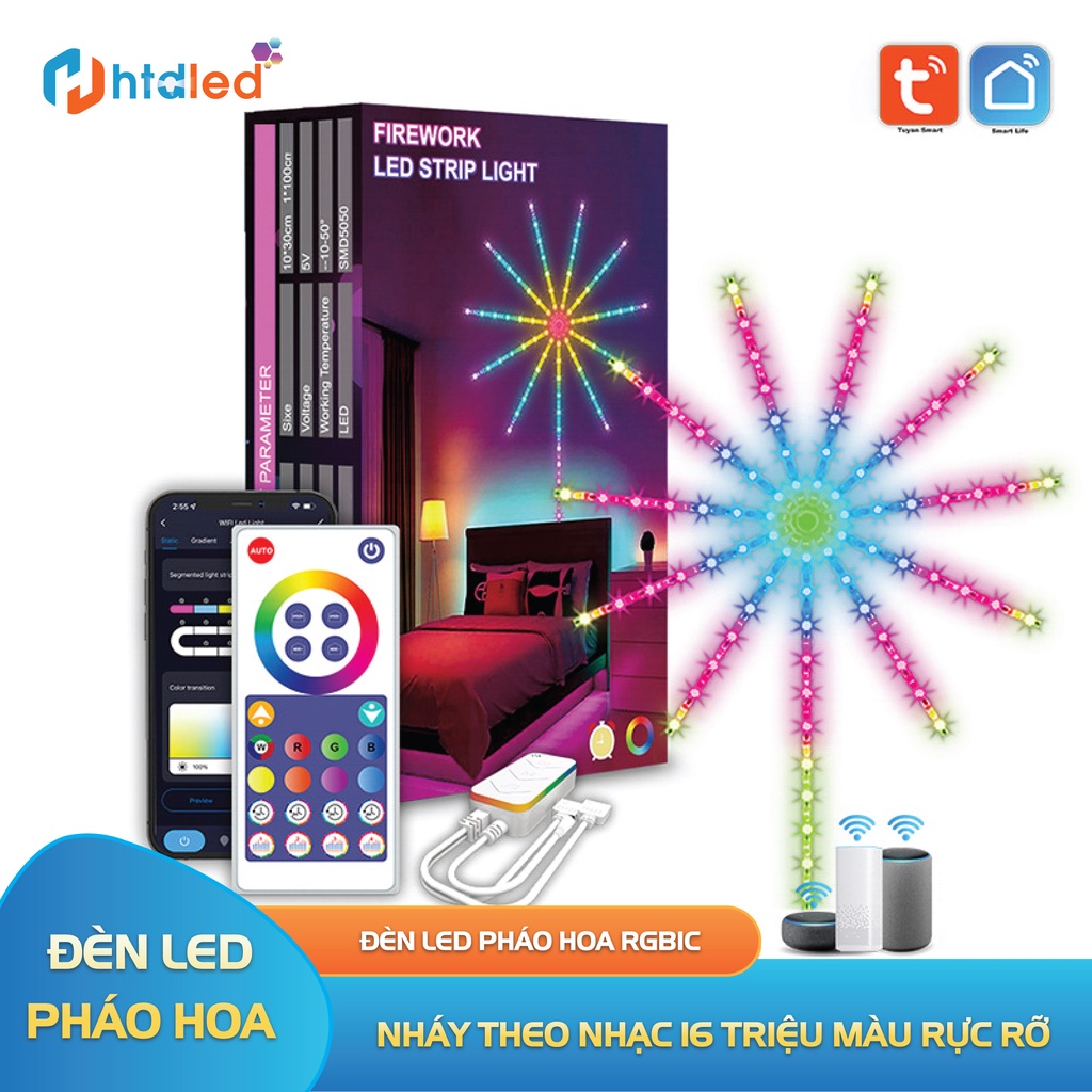 Đèn LED pháo hoa trang trí nhà, lễ tết RGBIC 16 triệu màu, điều khiển trên app, cảm biến theo nhạc, ánh sáng rực rỡ