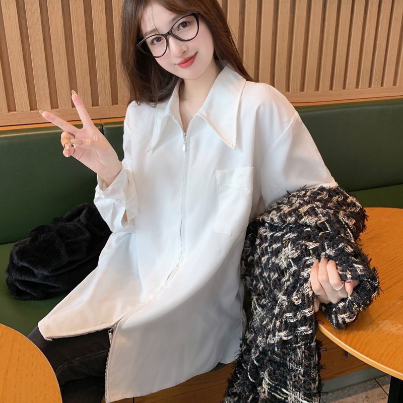 Áo sơ mi SUXI tay dài cổ polo dáng ôm phối khóa kéo thời trang xuân thu cho nữ