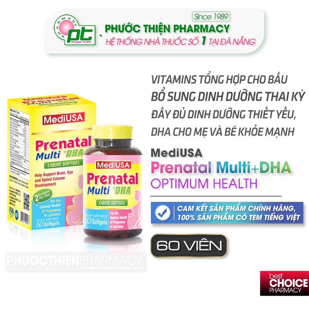 Viên bổ cho bà bầu vitamin tổng hợp MediUSA Prenatal Multi DHA lọ 60 Viên - nhập khẩu Mỹ nha thuoc phuoc thien