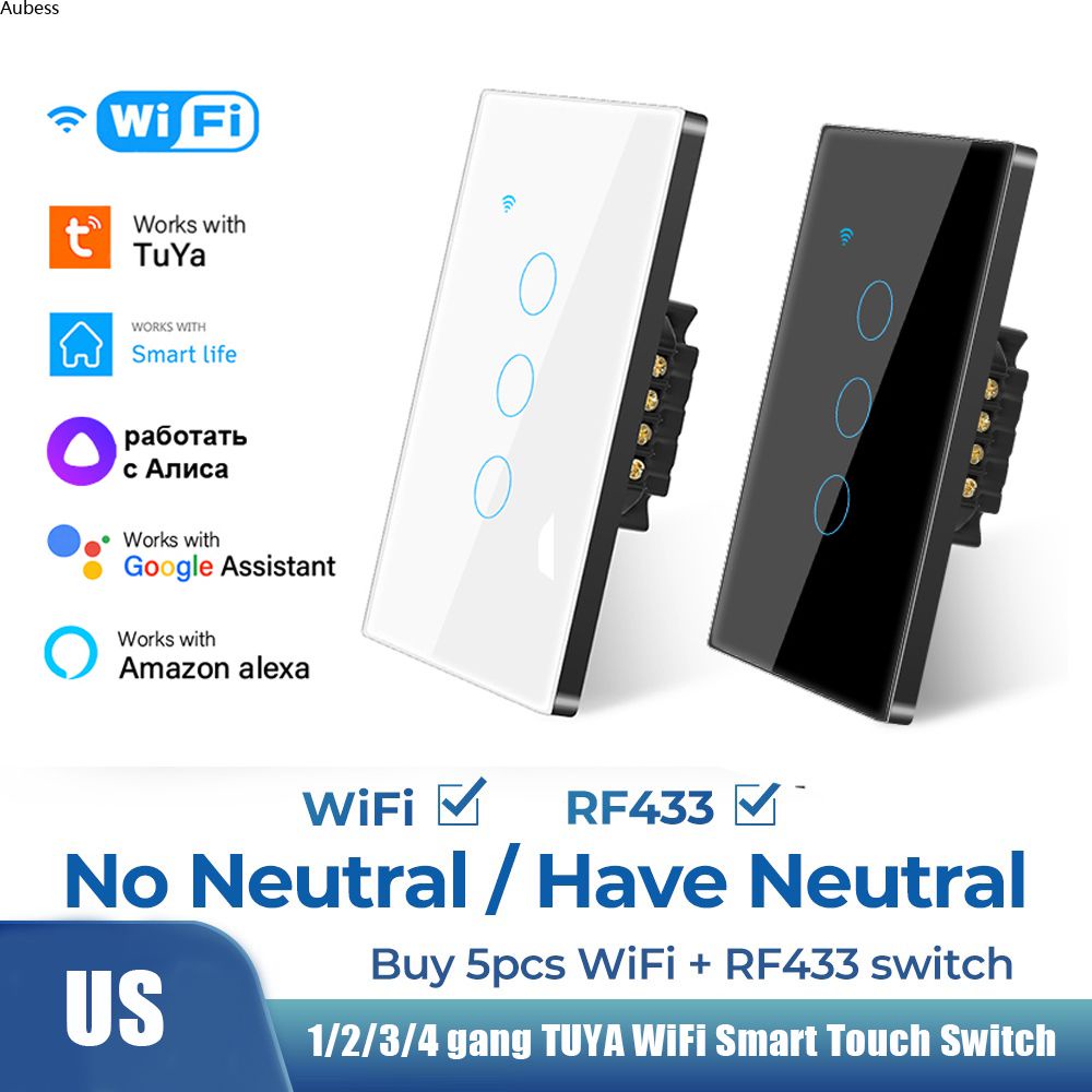 Aubess Tuya Công Tắc Cảm Ứng Thông Minh Wifi Không Dây Trung Tính 110V 220V Us 1/2/3/4 Gang 433rf Bật Tắt Từ Xa Cho Alexa Google Home