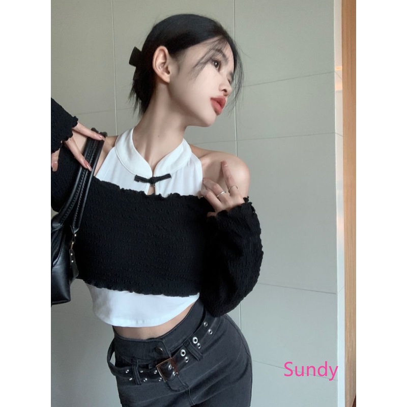 Set Áo Hai Dây + Áo Thun Đen Tay Dài Hở Vai Phong Cách Phương Tây Thời Trang Cho Nữ