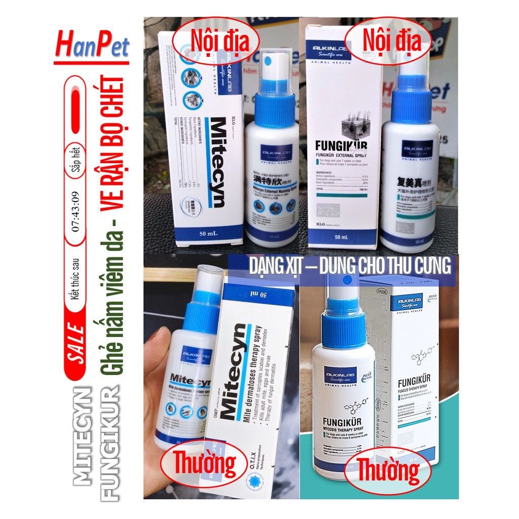 Alkin Mitecyn &amp; Fungikur - Diệt ve rận chó mèo &amp; Hỗ trợ điều trị ghẻ ngứa da trên thú cưng