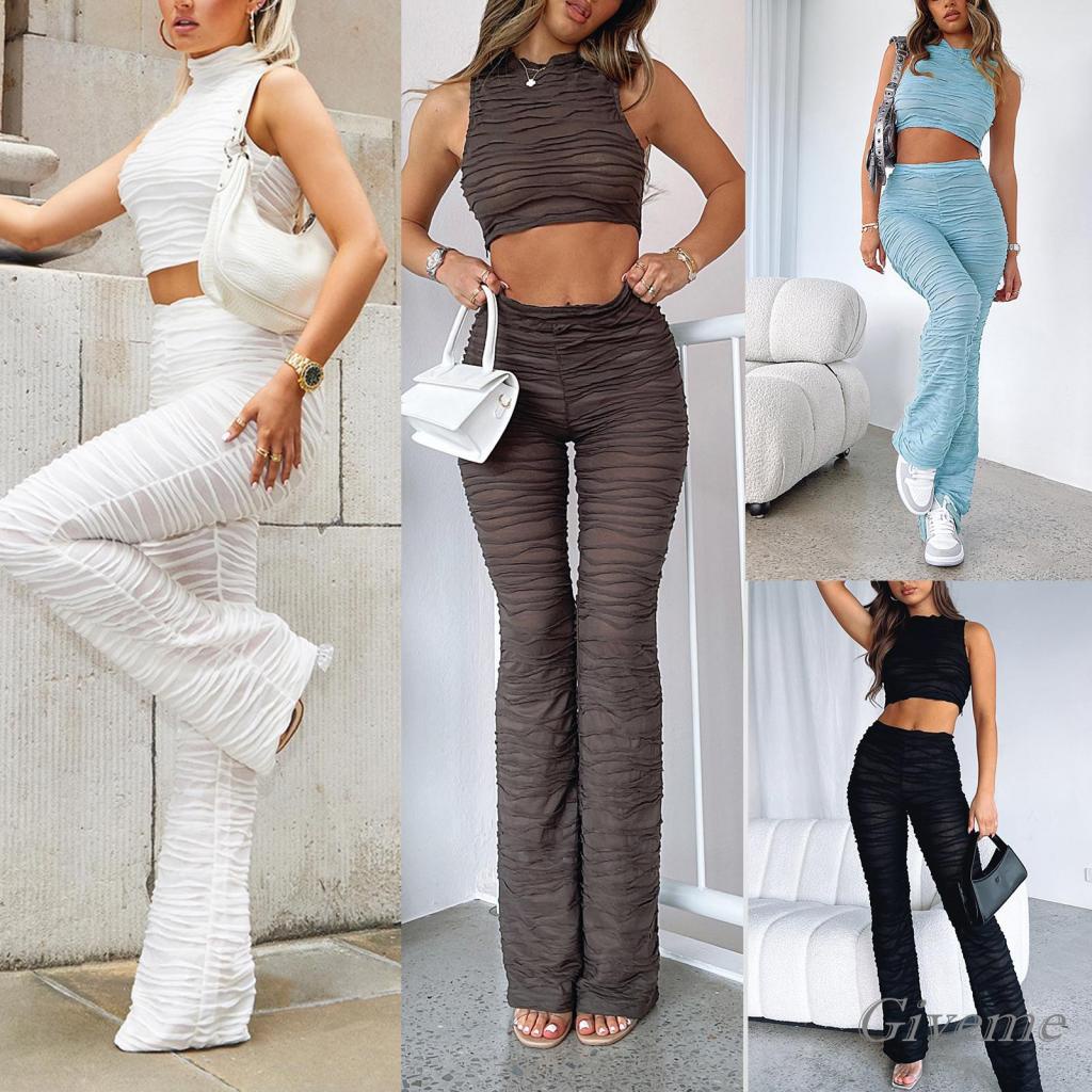 Bộ Trang Phục 2 Mảnh Áo Cổ Cao Không Tay + Quần Short Lưng Cao Thời Trang Nữ