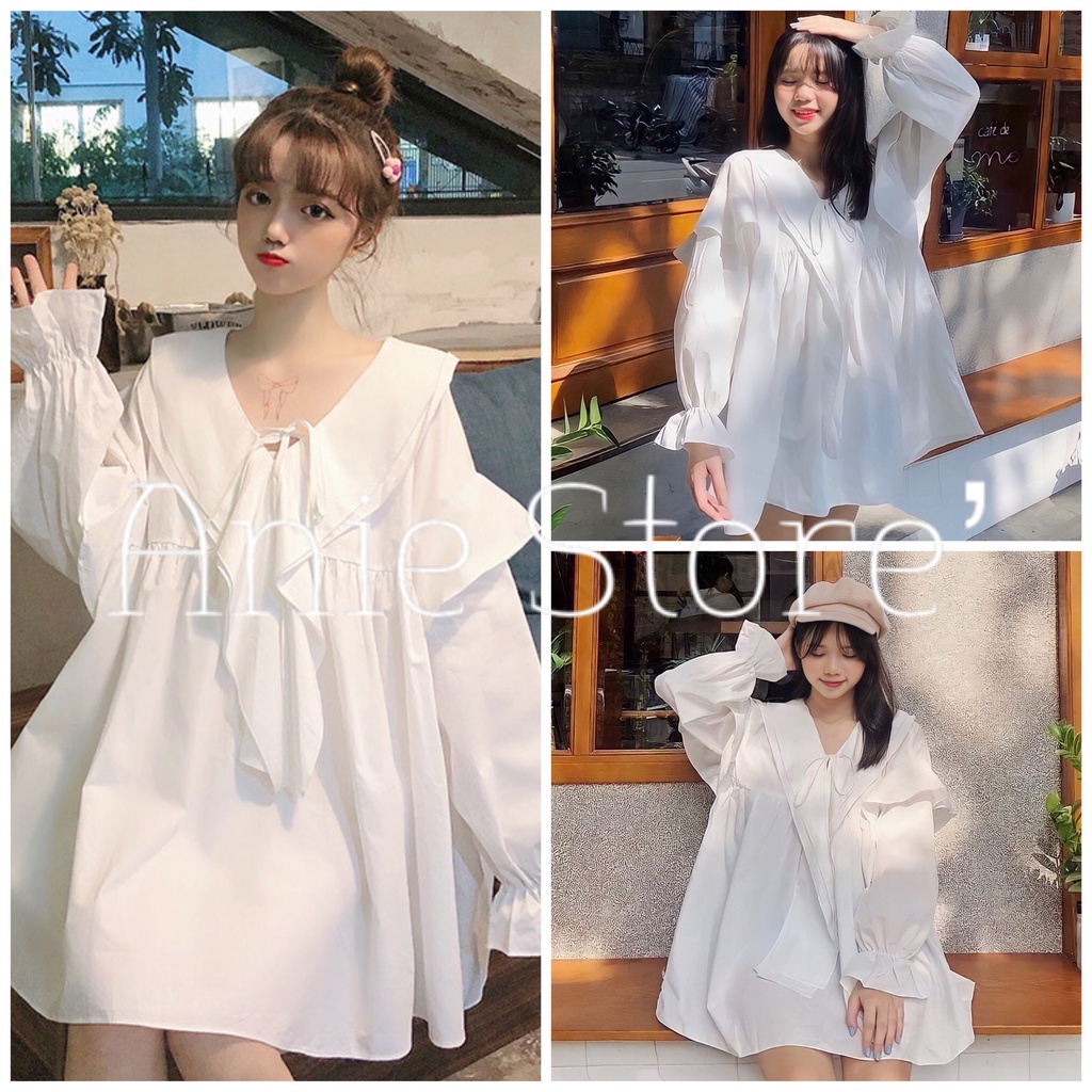 Áo Sơ Mi Nữ Babydoll Buộc Nơ Tay Bèo Cổ Sen Dáng Suông - Áo Somi Tiểu Thư Dài Tay F044