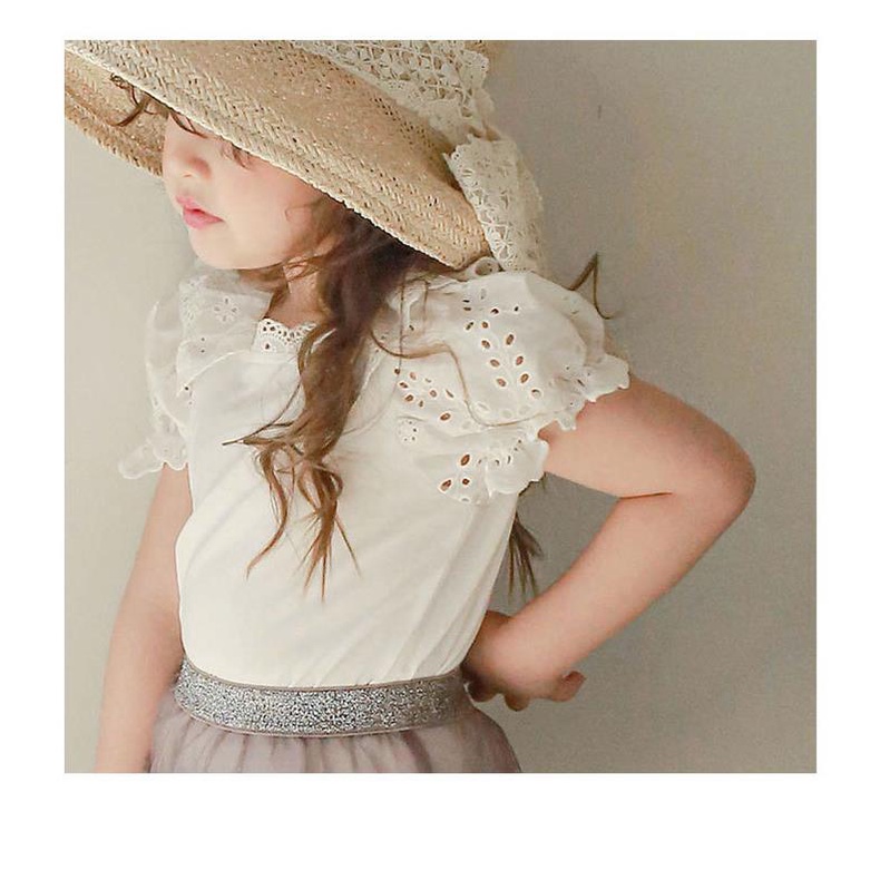 Áo Thun Cotton Mềm Co Giãn Tay Ngắn Phồng Phối Ren Thêu Họa Tiết Thời Trang Mùa Hè 2023 Cho Bé Gái