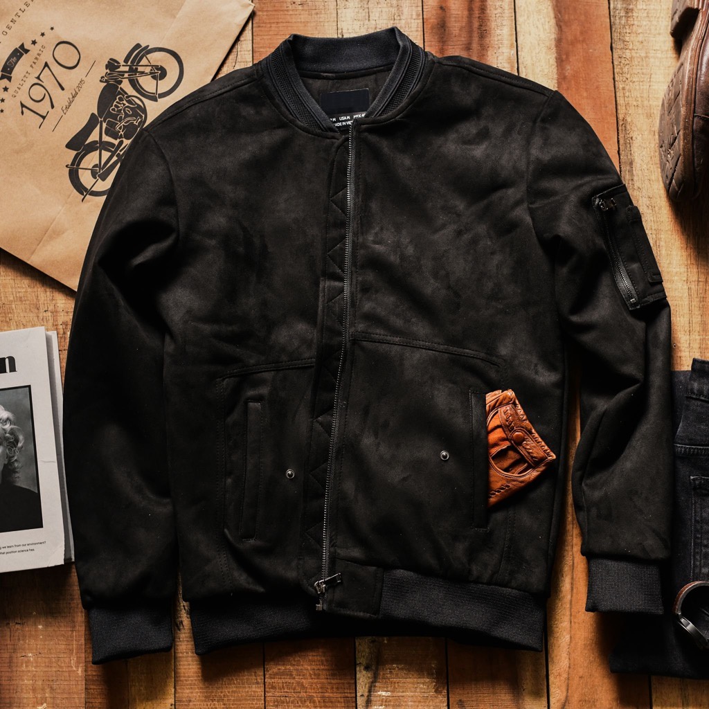 Áo khoác bomber da lộn trần bông ĐEN AK370