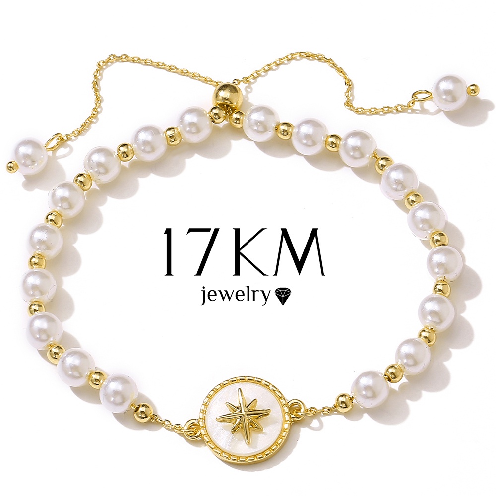 Vòng đeo tay 17KM mạ vàng chuỗi hạt ngọc trai nhân tạo mặt ngôi sao tám cánh thời trang thanh lịch