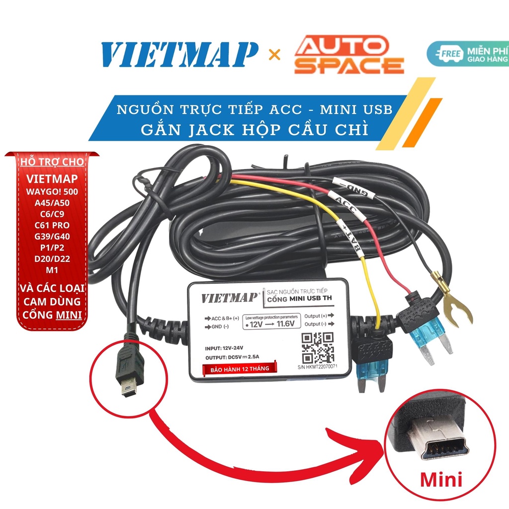 Bộ dây sạc trực tiếp Acc chính hãng Vietmap | Dành cho camera hành trình và các thiết bị trên xe