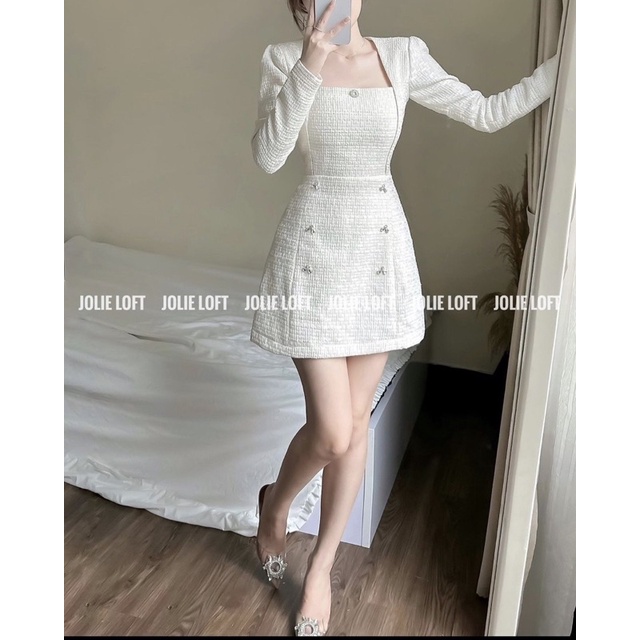 Đầm dạ trắng cổ vuông đính đá nơ tay dài dáng chữ A thanh lịch sang chảnh