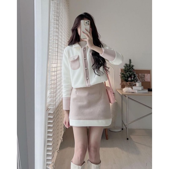 Set Dạ Ép Lông Cừu Cúc Ngọc Mix Chân Váy Chữ A Hàng Thiết Kế Tesoro Clothes