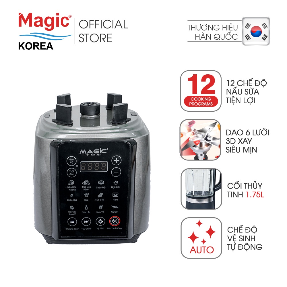 Máy Xay Nấu Đa Năng 3D 6 lưỡi dao Magic Korea A-96N, cối thủy tinh, 12 chế độ nấu sữa, bảo hành chính hãng