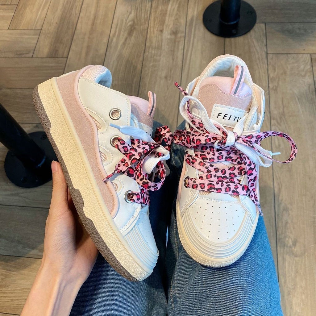 PunkyRabbit Da PU Giày Thể Thao Khối Màu Thường Ngày Chống Trơn Trượt Nữ Đi Bộ Đế Bằng Hồng