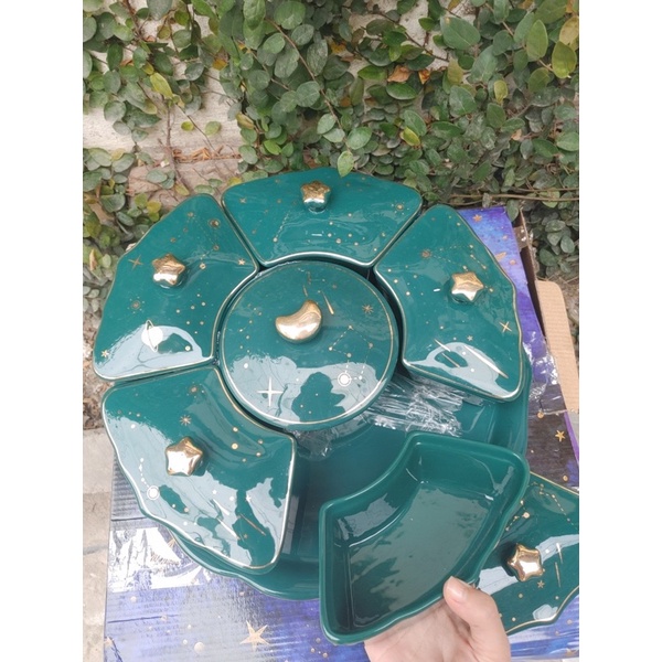 Bộ khay sứ đựng bánh mứt kẹo cao cấp ngôi sao xanh, trắng, thích hợp dùng trong ngày lễ tết, các buổi tiệc