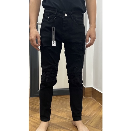 Quần jean nam đen đắp gối vải jeans bò cotton co giãn - form ôm Munique