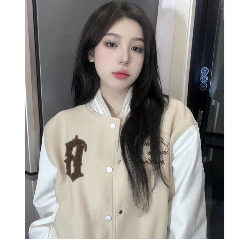 Áo Khoác Bóng Chày Varsity Chữ B Hoạ Tiết Thêu Cổ Đứng Phối Tay Da Phong Cách Retro Thời Trang Nam Nữ