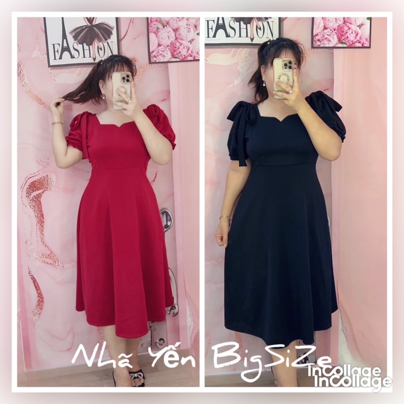 Đầm Midi đính nơ vai Bigsize Nữ 60kg đến 95kg