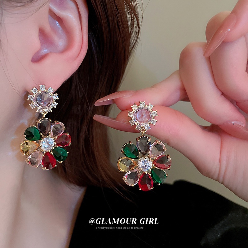 Bông Tai Hình Hoa Đính Đá Zircon Nhiều Màu Thời Trang Cao Cấp Sang Trọng