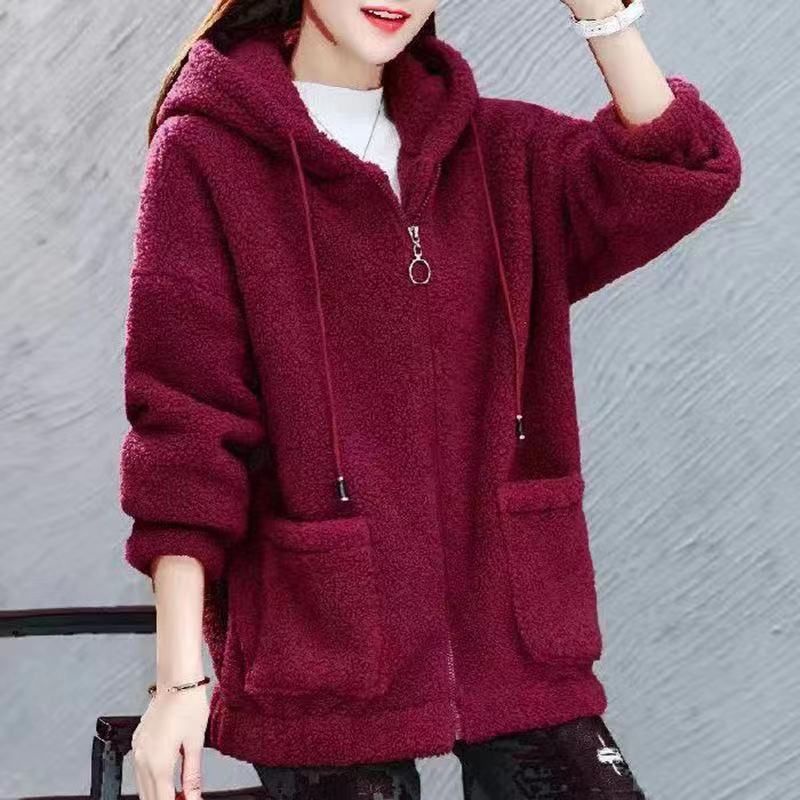 áo khoác lông cừu nữ sang chảnh thỏ có mũ bigsize dáng ngắn mùa đông dài siêu ấm Áo khoác lông cừu dày dáng rộng có khóa kéo phong cách thu đông thời trang cho nữ