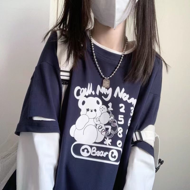 Áo Thun Tay Dài Giả Hai Lớp Dáng Rộng In Họa Tiết Hoạt Hình Thời Trang 2022 Cho Nữ