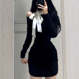 Đầm body tay dài phối nơ, váy body chất thun gân