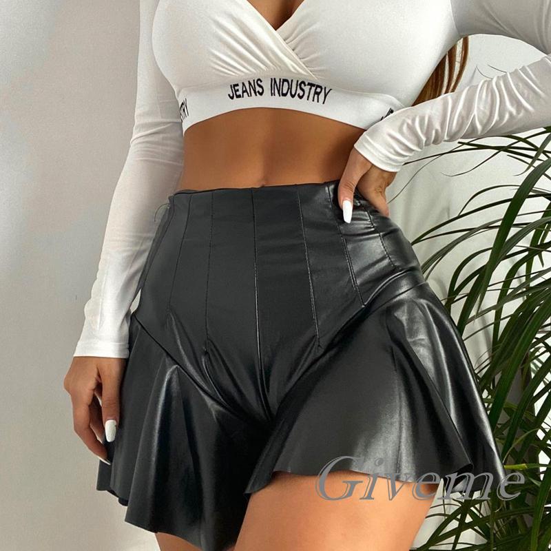 Quần Short Nữ Da PU Lưng Cao Xếp Li Givenme