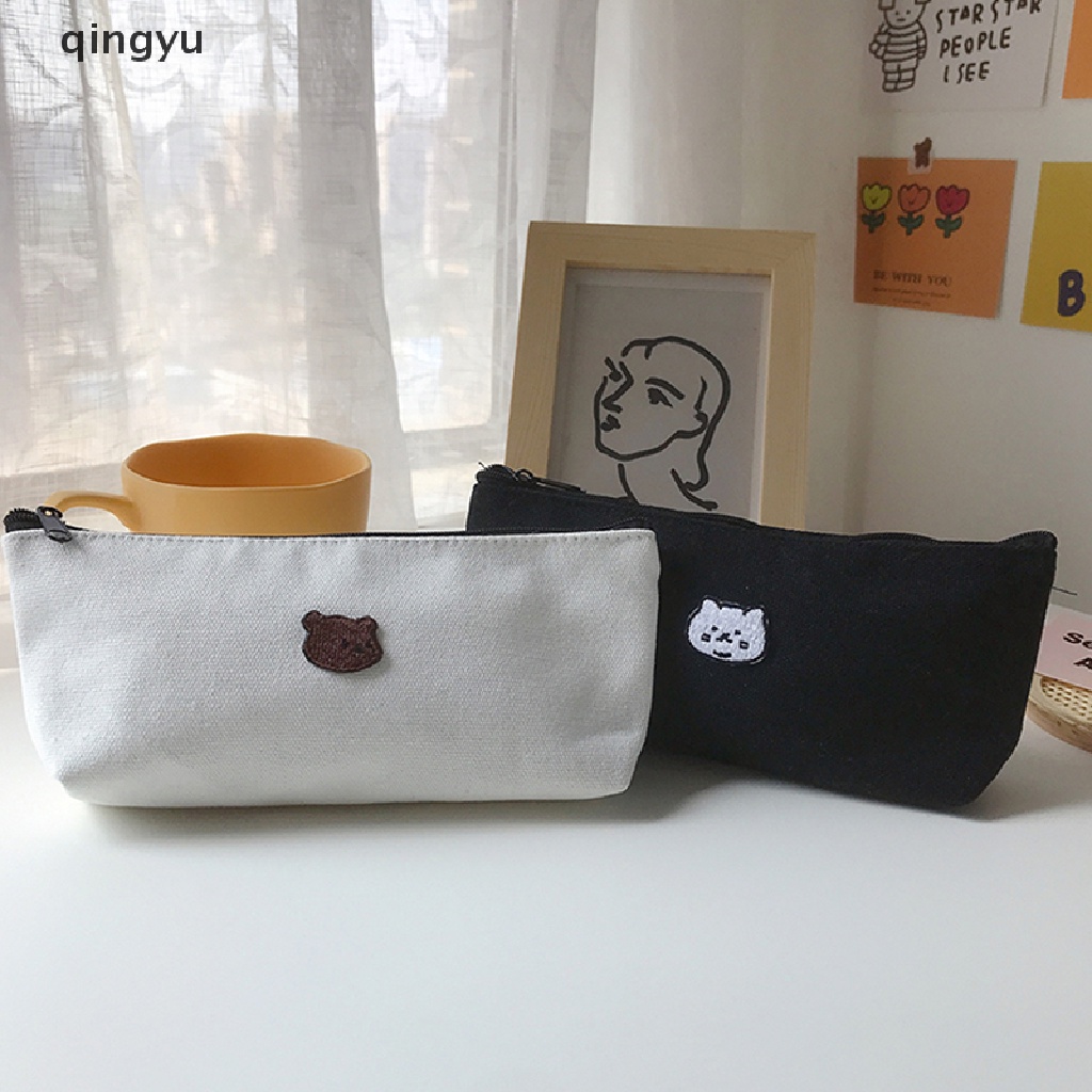 Túi Đựng Bút Vải Canvas Thêu Họa Tiết Dễ Thương Phong Cách Hàn Quốc
