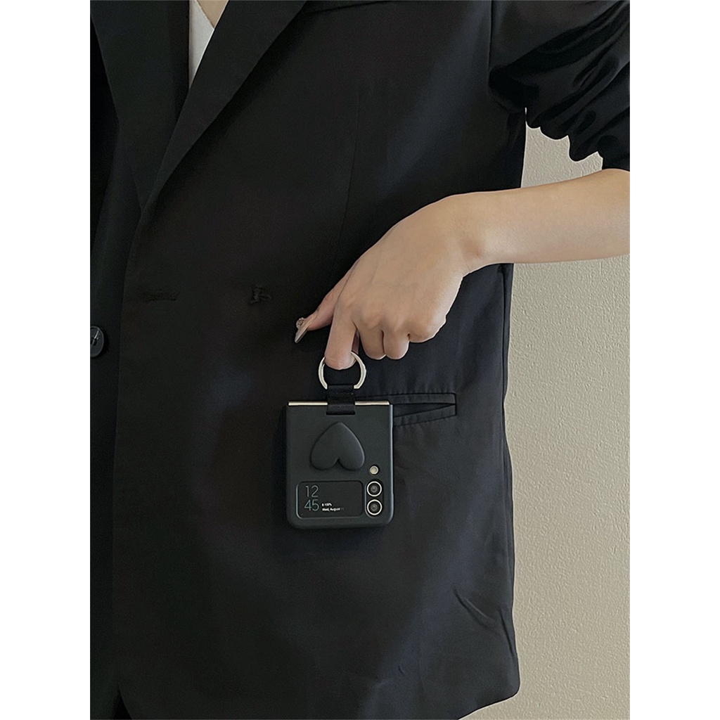 Ốp Điện Thoại Màu Trơn Có Vòng Đỡ Hình Trái Tim 3D Sang Trọng Cho Samsung Galaxy Z Flip 3 4 5G Z Flip3 Flip4 Zflip4