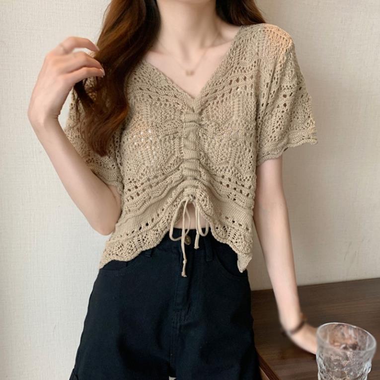 Áo kiểu lưới tay ngắn phối dây rút chống nắng thời trang mùa hè dành cho nữ